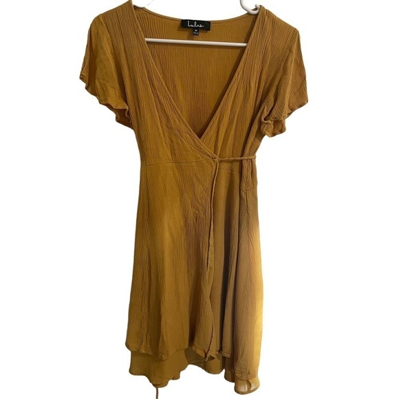 Lulus Mustard Yellow Harbor Point Wrap Dress w/Slit Sleeves - Picture 2 of 11